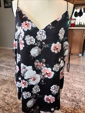 Calvin Klein Black Floral Slip Tank with Pink Rose Print